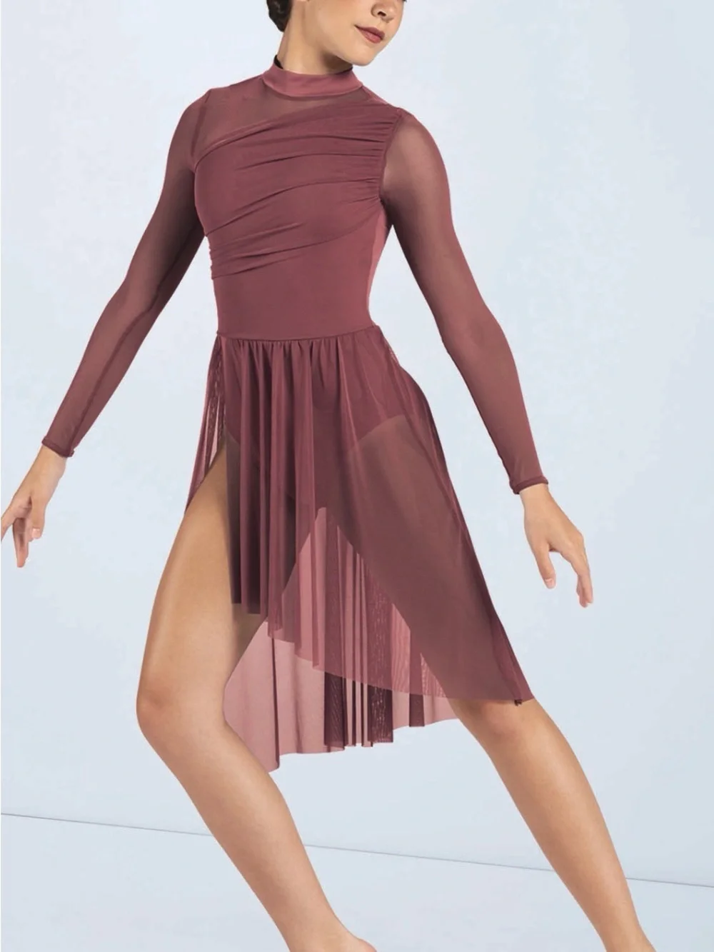 Weissman Long-Sleeve Asymmetric Mesh Dance Dress in Mauve Rose